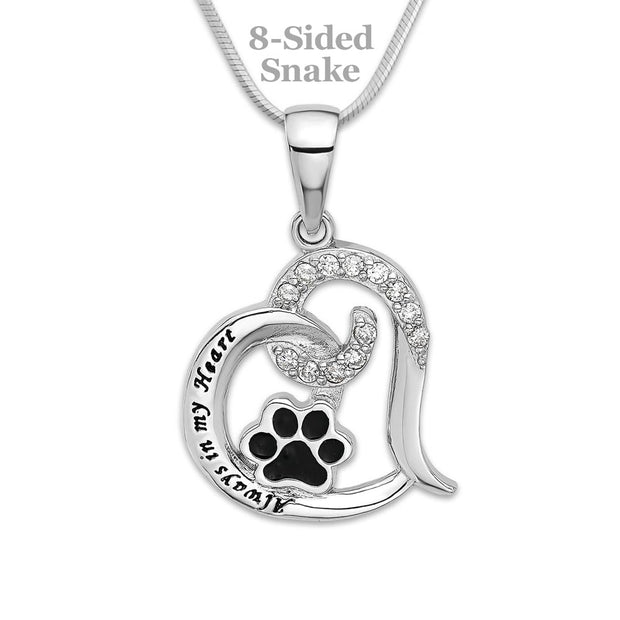 CZ Paw Print Heart Pendant in Sterling, Always On My Heart Necklace