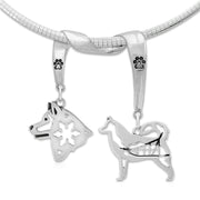 Alaskan Malamute Necklace Head and Body Designs on Paw Print Charm Holder in Sterling Silver on Omega Chain.