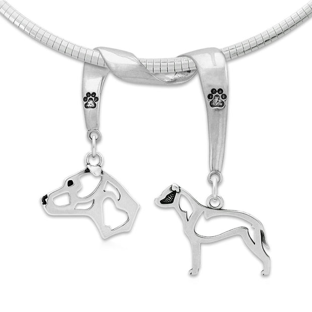 American Staffordshire Terrier Necklace Head and Body Designs on Paw Print Charm Holder in Sterling Silver on Omega Chain.