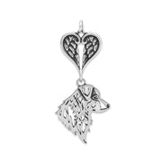 The Australian Shepherd remembrance gift consists of a sterling silver Australian Shepherd pendant suspended from a heart shaped sterling silver angel wing charm holder. The dog breed pendant is designed to breed standard.  Personalization is available on the reverse side.