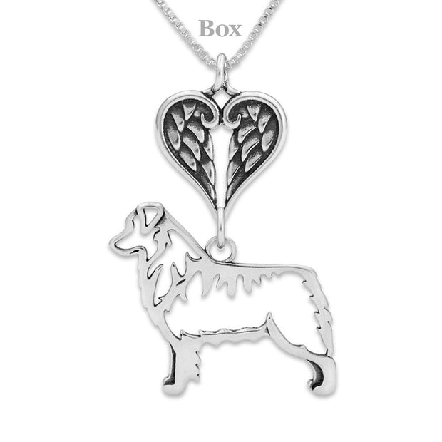 The Australian Shepherd memorial necklace consists of a sterling silver Australian Shepherd pendant suspended from a heart shaped sterling silver angel wing charm holder on a versatile box chain. The dog breed pendant is designed to breed standard.  Personalization is available on the reverse side.