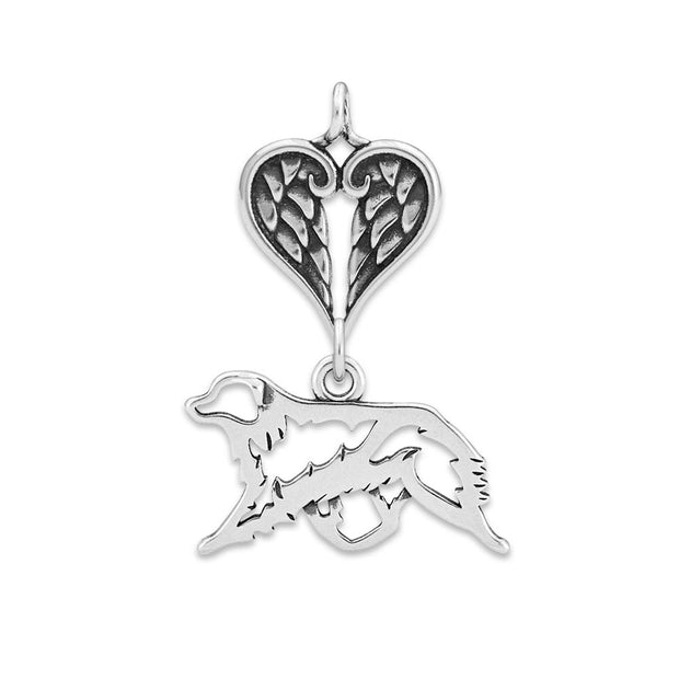 The Australian Shepherd remembrance gift consists of a sterling silver Australian Shepherd pendant in a gaiting pose, suspended from a heart shaped sterling silver angel wing charm holder. The dog breed pendant is designed to breed standard.  Personalization is available on the reverse side.