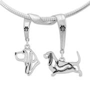 Basset Hound Necklace Head and Body Designs on Paw Print Charm Holder in Sterling Silver on Omega Chain.