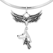 Belgian Malinois Pet Loss Necklace with Angel Wing Charm Holder with Paw Print in Sterling Silver on Omega Chain.