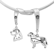 Bernese Mountain Dog Necklace Head and Body Designs on Paw Print Charm Holder in Sterling Silver on Omega Chain.