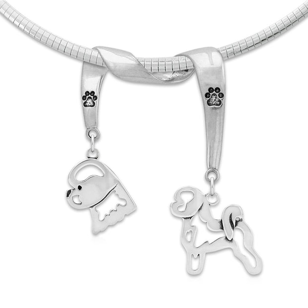 Bichon Frise Necklace Head and Body Designs on Paw Print Charm Holder in Sterling Silver on Omega Chain.