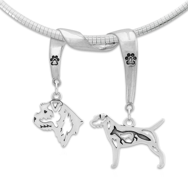 Border Terrier Necklace Head and Body Designs on Paw Print Charm Holder in Sterling Silver on Omega Chain.