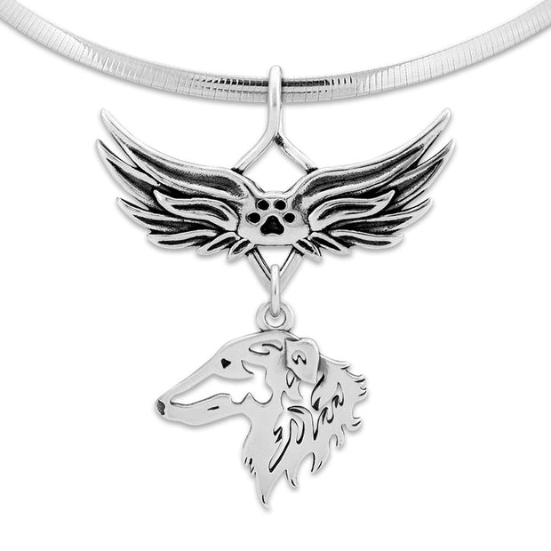 Borzoi Memorial Necklace, Angel Wing Jewelry