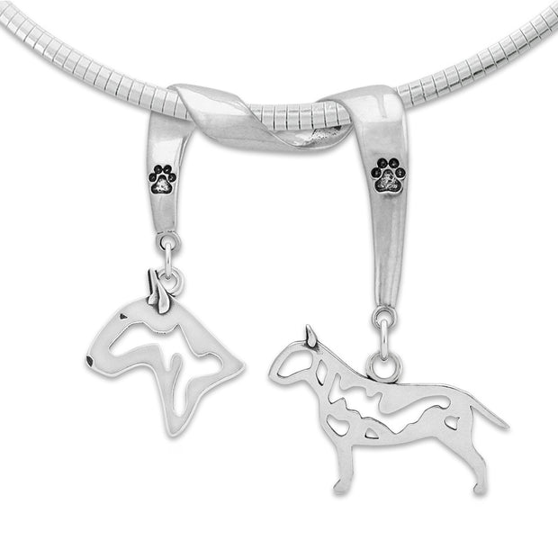 Bull Terrier Necklace Head and Body Designs on Paw Print Charm Holder in Sterling Silver on Omega Chain.