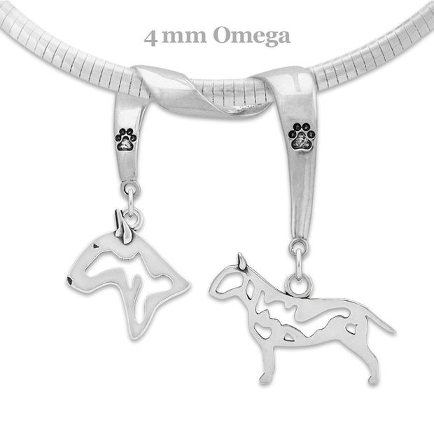 Bull Terrier Necklace Head and Body Designs on Paw Print Charm Holder in Sterling Silver on Omega Chain.