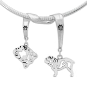 Bulldog Necklace Head and Body Designs on Paw Print Charm Holder in Sterling Silver on Omega Chain.