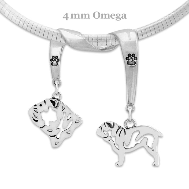 Bulldog Necklace Head and Body Designs on Paw Print Charm Holder in Sterling Silver on Omega Chain.