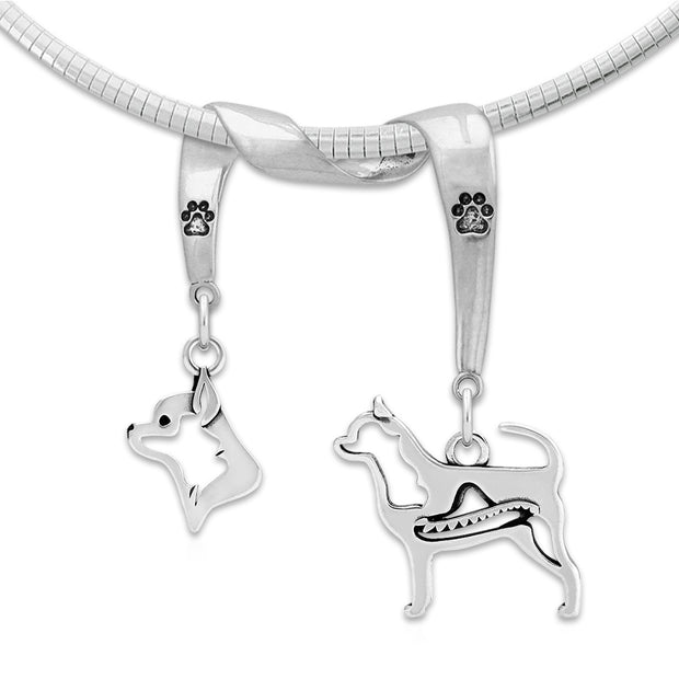 Chihuahua Necklace Head and Body Designs on Paw Print Charm Holder in Sterling Silver on Omega Chain.