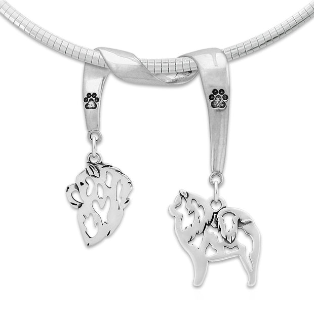 Chow Chow Necklace Head and Body Designs on Paw Print Charm Holder in Sterling Silver on Omega Chain.