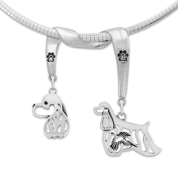 Cocker Spaniel Necklace Head and Body Designs on Paw Print Charm Holder in Sterling Silver on Omega Chain.