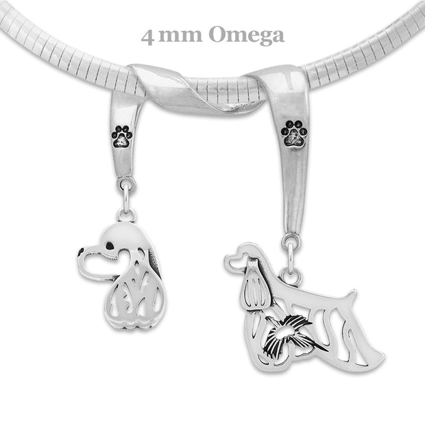 Cocker Spaniel Necklace Head and Body Designs on Paw Print Charm Holder in Sterling Silver on Omega Chain.