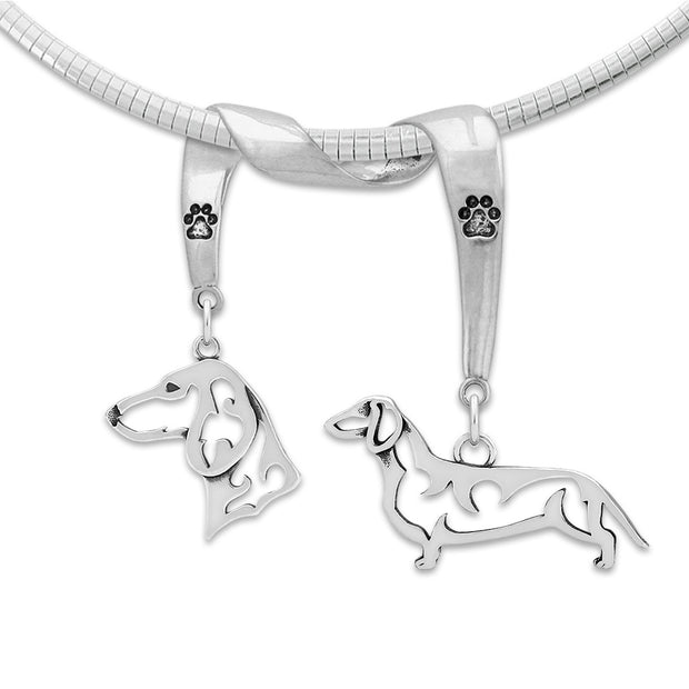 Dachshund Necklace Head and Body Designs on Paw Print Charm Holder in Sterling Silver on Omega Chain.