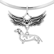 Dachshund Pet Loss Necklace with Angel Wing Charm Holder with Paw Print in Sterling Silver on Omega Chain.