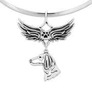 Longhaired Dachshund Pet Loss Necklace with Angel Wing Charm Holder with Paw Print in Sterling Silver on Omega Chain.