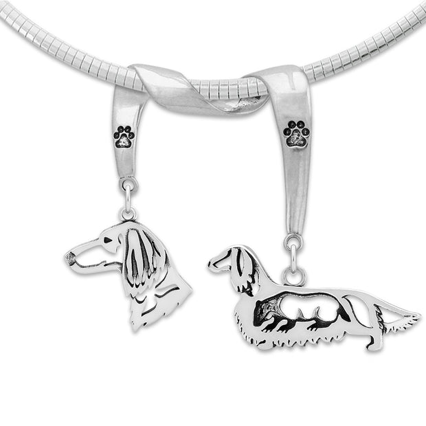 Longhaired Dachshund Necklace Head and Body Designs on Paw Print Charm Holder in Sterling Silver on Omega Chain.