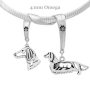 Longhaired Dachshund Necklace Head and Body Designs on Paw Print Charm Holder in Sterling Silver on Omega Chain.