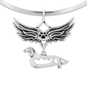 Longhaired Dachshund Pet Loss Necklace with Angel Wing Charm Holder with Paw Print in Sterling Silver on Omega Chain.