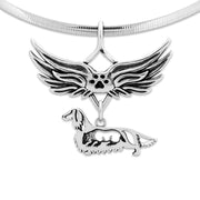 Longhaired Dachshund Pet Loss Necklace with Angel Wing Charm Holder with Paw Print in Sterling Silver on Omega Chain.