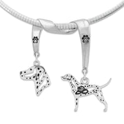 Dalmation Necklace Head and Body Designs on Paw Print Charm Holder in Sterling Silver on Omega Chain.