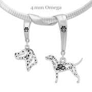 Dalmation Necklace Head and Body Designs on Paw Print Charm Holder in Sterling Silver on Omega Chain.