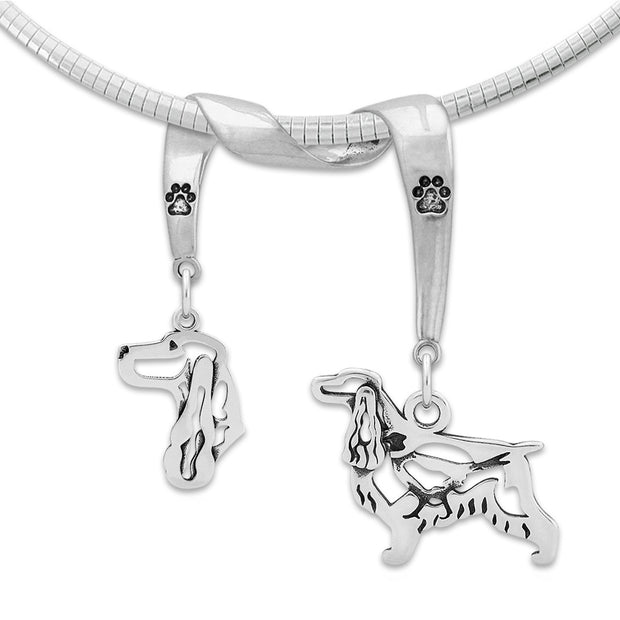 English Cocker Spaniel Necklace Head and Body Designs on Paw Print Charm Holder in Sterling Silver on Omega Chain.