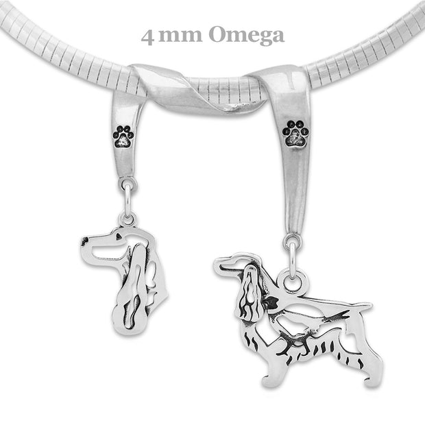 English Cocker Spaniel Necklace Head and Body Designs on Paw Print Charm Holder in Sterling Silver on Omega Chain.