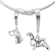 English Springer Spaniel Necklace Head and Body Designs on Paw Print Charm Holder in Sterling Silver on Omega Chain.