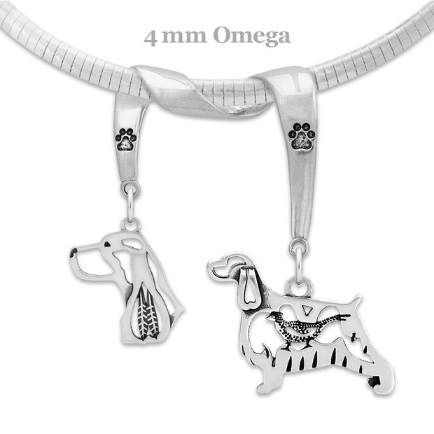 English Springer Spaniel Necklace Head and Body Designs on Paw Print Charm Holder in Sterling Silver on Omega Chain.