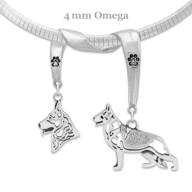 German Shepherd Necklace Head and Body Designs on Paw Print Charm Holder in Sterling Silver on Omega Chain.