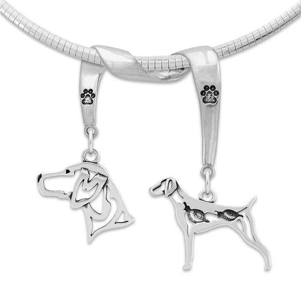 German Shorthaired Pointer Necklace Head and Body Designs on Paw Print Charm Holder in Sterling Silver on Omega Chain.