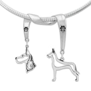 Great Dane Necklace Head and Body Designs on Paw Print Charm Holder in Sterling Silver on Omega Chain.