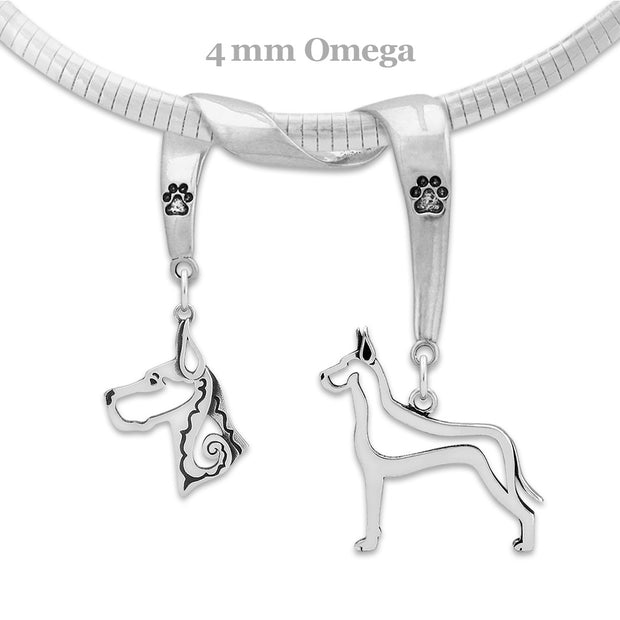 Great Dane Necklace Head and Body Designs on Paw Print Charm Holder in Sterling Silver on Omega Chain.