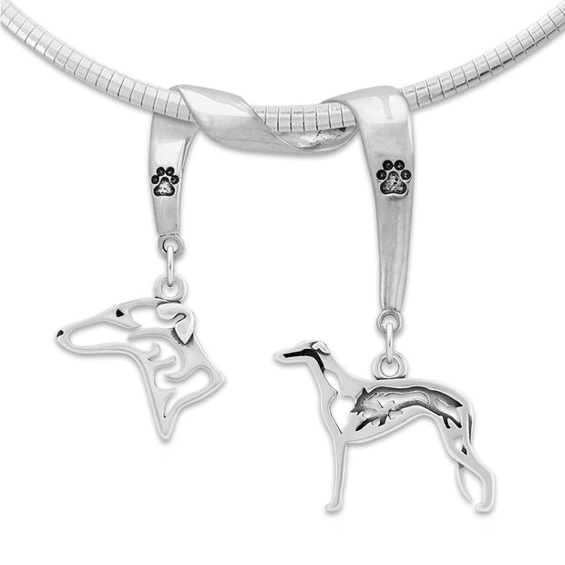 Greyhound Necklace Head and Body Designs on Paw Print Charm Holder in Sterling Silver on Omega Chain.