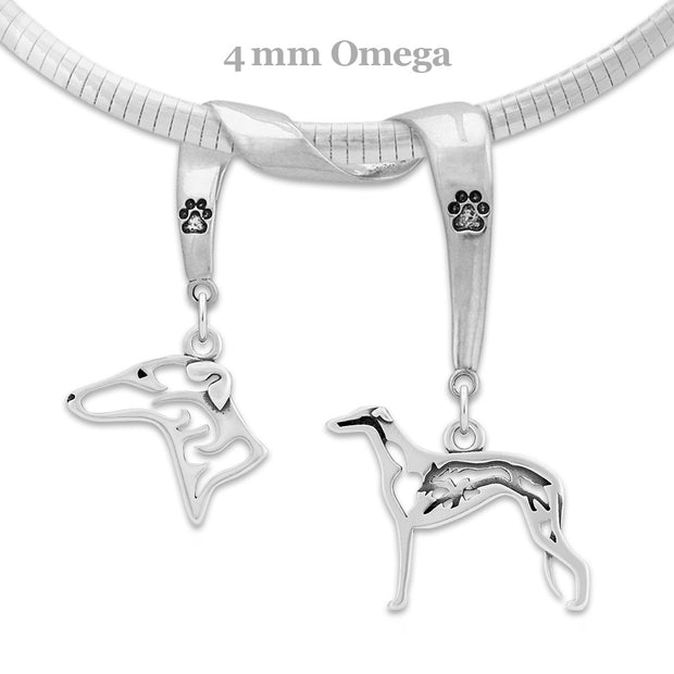 Greyhound Necklace Head and Body Designs on Paw Print Charm Holder in Sterling Silver on Omega Chain.