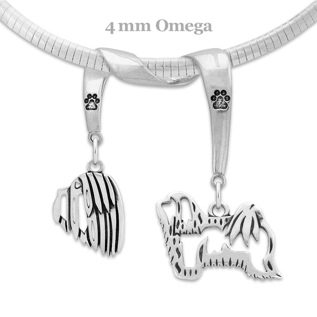 Havanese Necklace Head and Body Designs on Paw Print Charm Holder in Sterling Silver on Omega Chain.