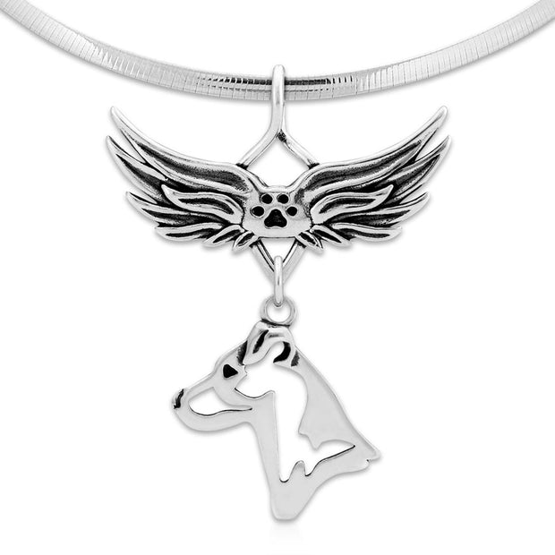 Jack Russell Terrier Pet Loss Necklace with Angel Wing Charm Holder with Paw Print in Sterling Silver on Omega Chain.