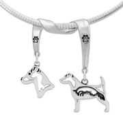 Jack Russell Terrier Necklace Head and Body Designs on Paw Print Charm Holder in Sterling Silver on Omega Chain.