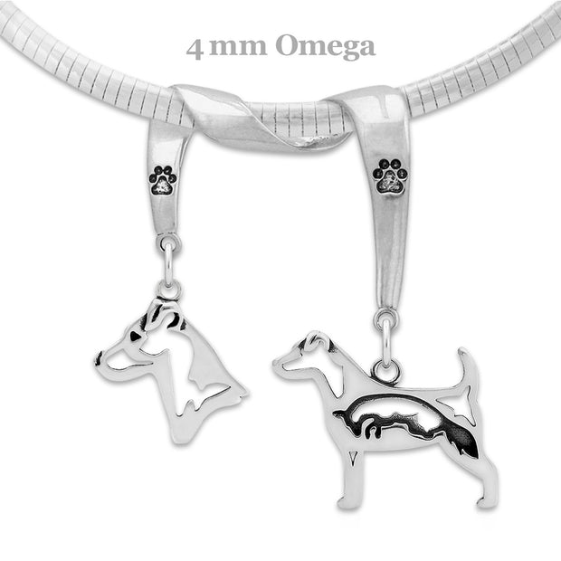 Jack Russell Terrier Necklace Head and Body Designs on Paw Print Charm Holder in Sterling Silver on Omega Chain.