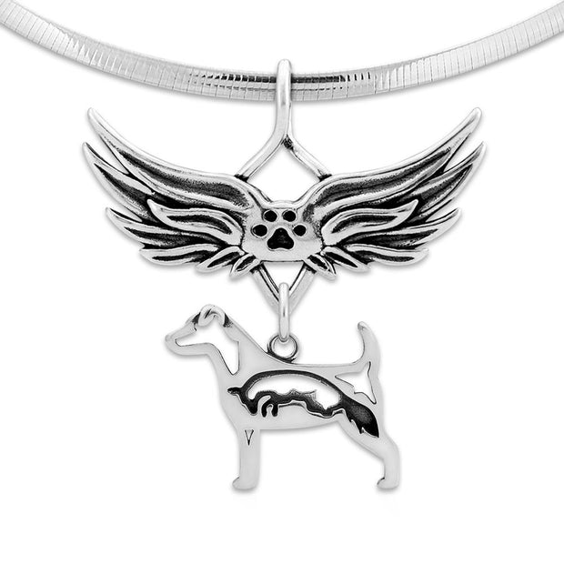 Jack Russell Terrier Pet Loss Necklace with Angel Wing Charm Holder with Paw Print in Sterling Silver on Omega Chain.