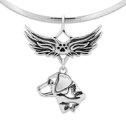 Labrador Retriever Pet Loss Necklace with Angel Wing Charm Holder with Paw Print in Sterling Silver on Omega Chain.