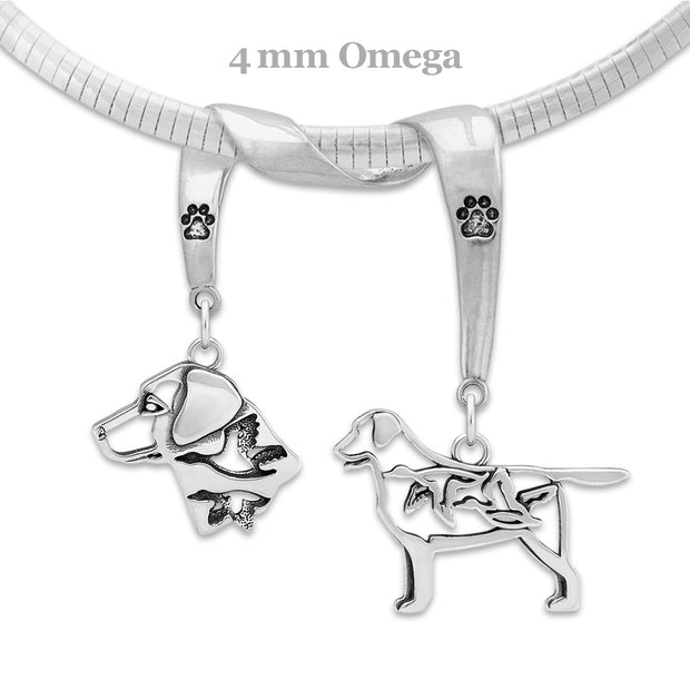 Labrador Retriever Necklace Head and Body Designs on Paw Print Charm Holder in Sterling Silver on Omega Chain.