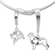 Newfoundland Necklace Head and Body Designs on Paw Print Charm Holder in Sterling Silver on Omega Chain.