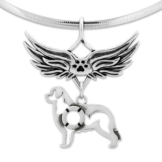 Newfoundland Pet Loss Necklace with Angel Wing Charm Holder with Paw Print in Sterling Silver on Omega Chain.