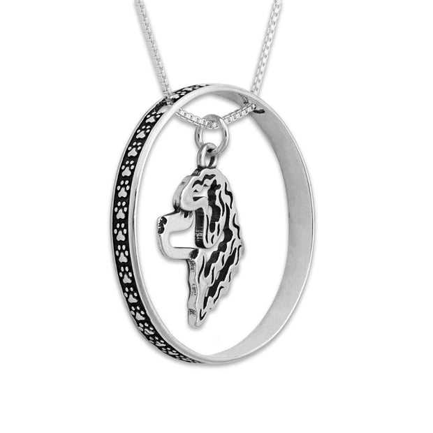 Sterling Silver Portuguese Water Dog Necklace w/Paw Print Enhancer, Head