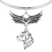 Portuguese Water Dog Pet Loss Necklace with Angel Wing Charm Holder with Paw Print in 
Sterling Silver on Omega Chain.